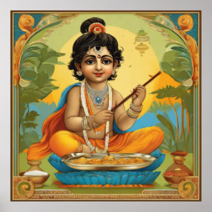 Divine Lord Krishna in Childown with Flute Poster