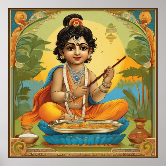 Divine Lord Krishna in Childown with Flute Poster (Framsidan)