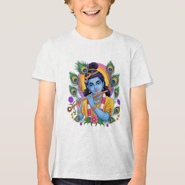 Divine Lord Krishna Playing Flute with Peacock Fea T Shirt (Framsida)