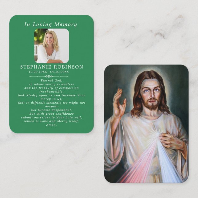 Divine Mercy Catholic Funeral Green Prayer Card Visitkort (Fram/baksida)