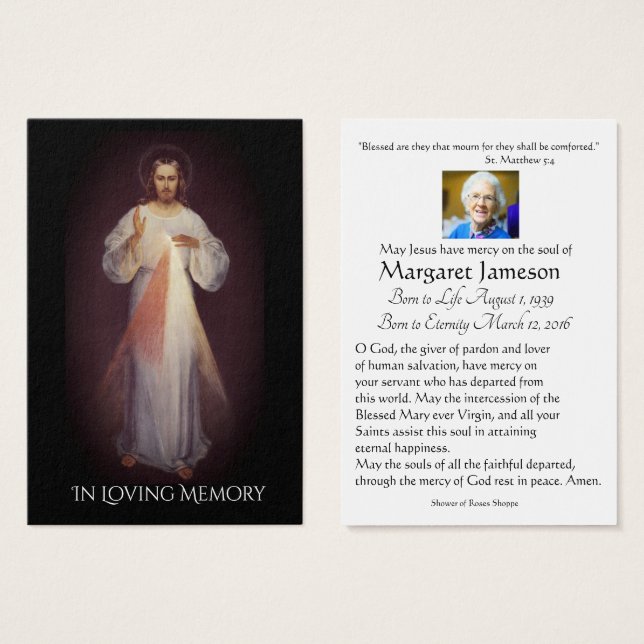 Divine Mercy Catholic Funeral Memorial Heliga Card Visitkort (Framsida & baksida)