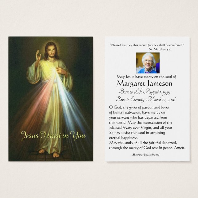 Divine Mercy Catholic Funeral Memorial Heliga Card Visitkort (Framsida & baksida)