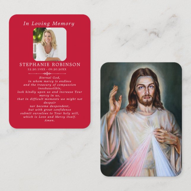 Divine Mercy Catholic Funeral Red Prayer Card Visitkort (Fram/baksida)
