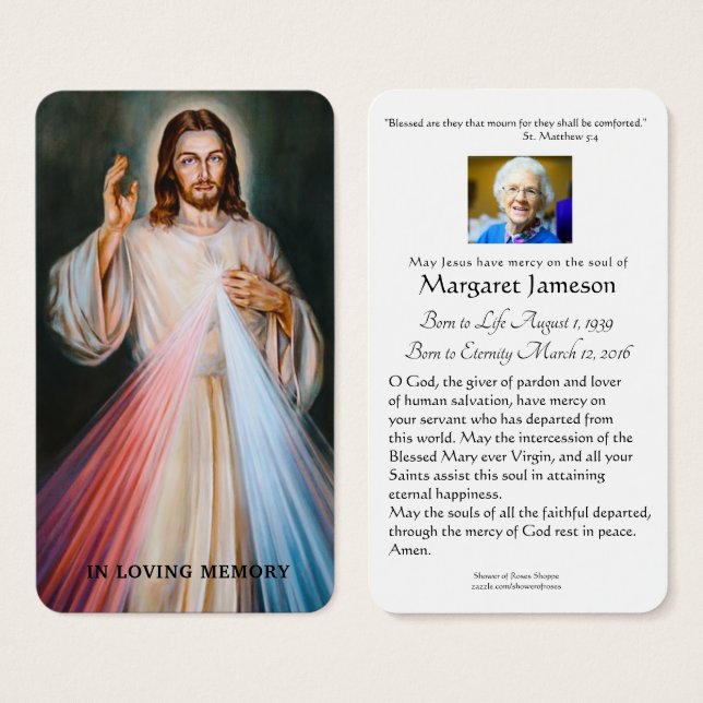 Divine Mercy Catholic Heliga Memorial Card - Visitkort (Framsida & baksida)