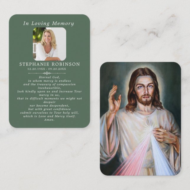Divine Mercy Catholic Sage Green Prayer Card Visitkort (Fram/baksida)