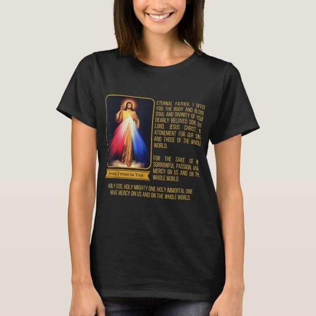 Divine Mercy Jesus Image Chaplet Novena Prayer Cat T Shirt (Framsida)
