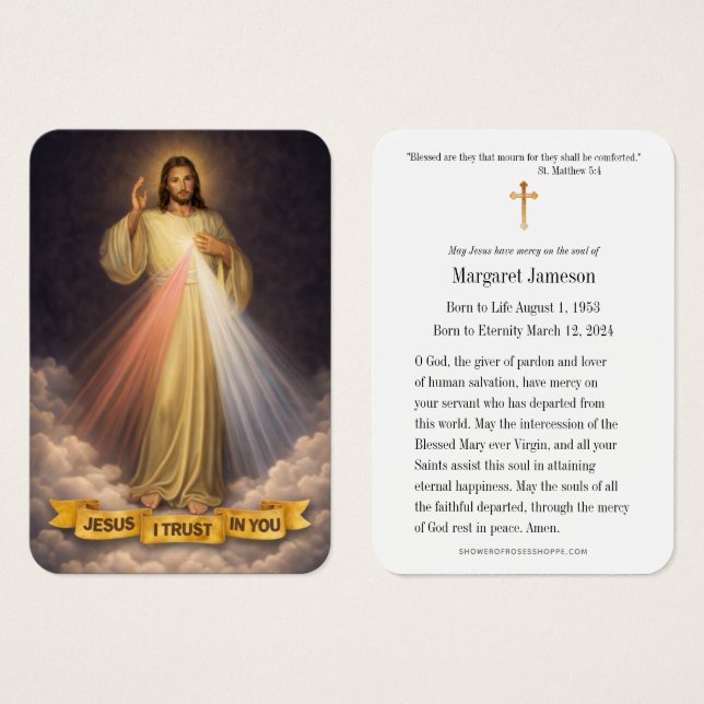 Divine Mercy Jesus Katolsk Begravning Heligt Kort  (Framsida & baksida)