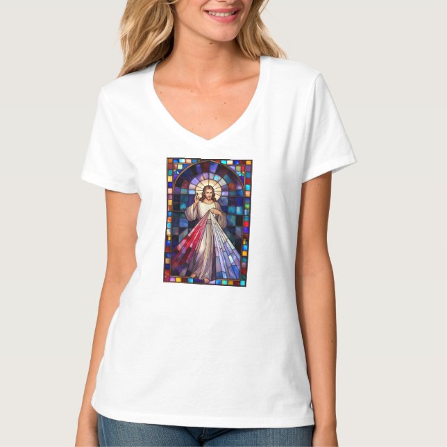 Divine Mercy Jesus Women's V-Neck Tee Shirt (Framsida)