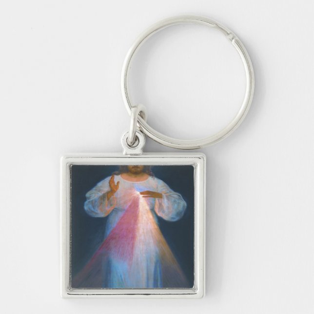 Divine Mercy Original av Kazimirowski Fyrkantig Silverfärgad Nyckelring (Framsidan)