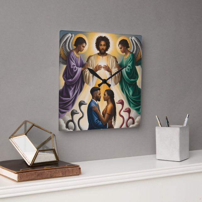 Divine Protection Black par Decorative Clock Fyrkantig Klocka (Kontor)