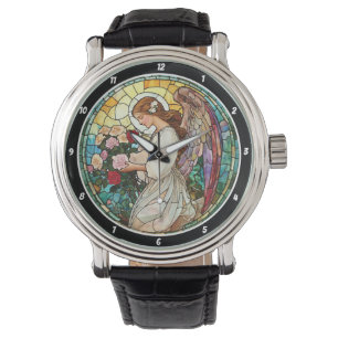 Divine Rose Radiance Glasmosaik Ängel Väggtid Armbandsur