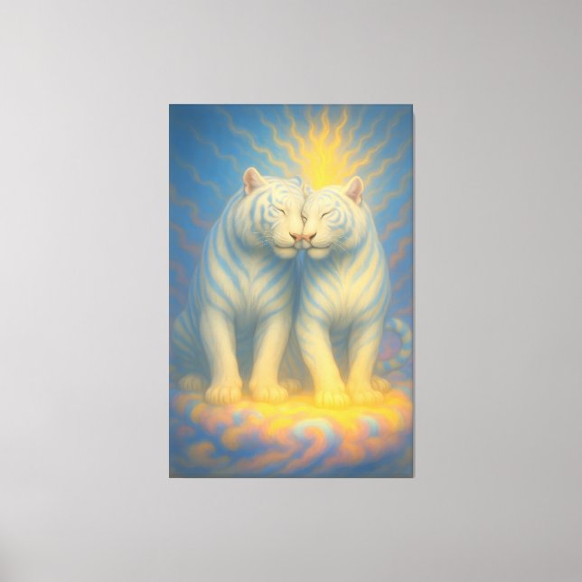 Divine Twin White Tigers – Sacred Love & Celestial Canvastryck (Framsida)