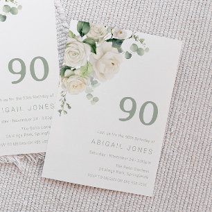 Divine White Roses & Sage 90th Birthday Party Inbjudningar