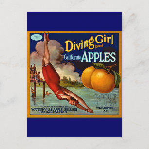 Diving Girl Apples - Vintage Fruit Låda-etikett Vykort