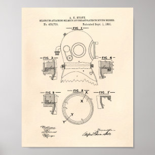 Diving Helmet 1891 Patent Art Old Peper Poster
