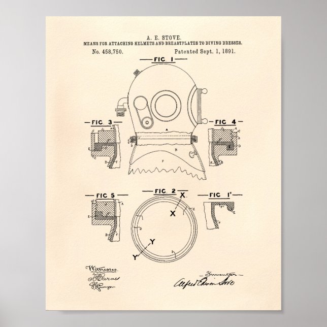 Diving Helmet 1891 Patent Art Old Peper Poster (Framsidan)