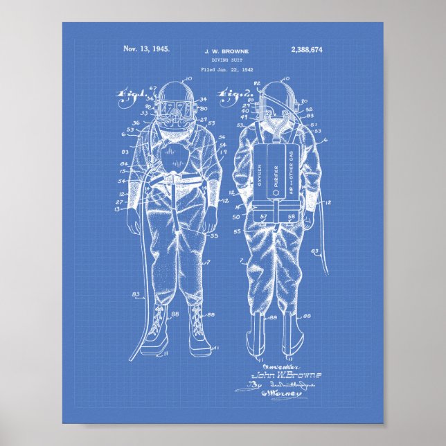 Diving Kostym 1945 Patent Art Blueprint Poster (Framsidan)