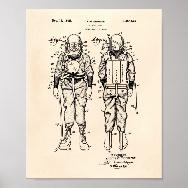 Diving Kostym 1945 Patent Art Old Peper Poster (Framsidan)