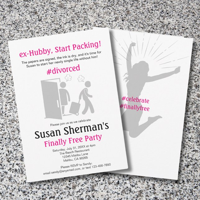 Divorce Party Cute Funny Rosa, slutligen gratis Inbjudningar (Divorce party finally free with funny "ex-Hubby, Start Packing!" theme. Matching envelope shown.)