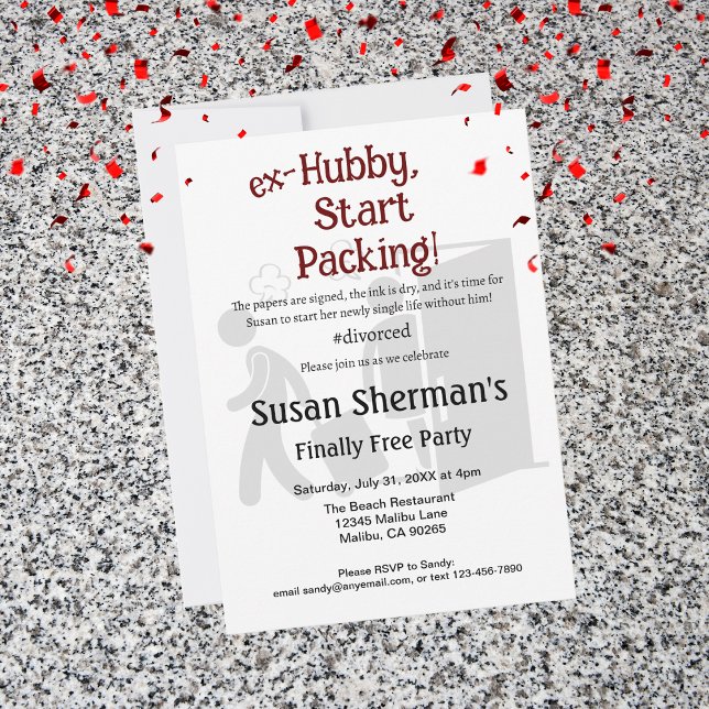 Divorce Party slutligen Free Funny Red Inbjudningar (Host a divorce party with this cute and funny "ex-Hubby, Start Packing!" theme to help her celebrate)