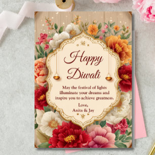 Diwali Beige Blommigt Ornate Lamp Diyas Hälsning Inbjudningar