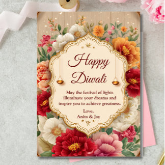 Diwali Beige Blommigt Ornate Lamp Diyas Hälsning Inbjudningar