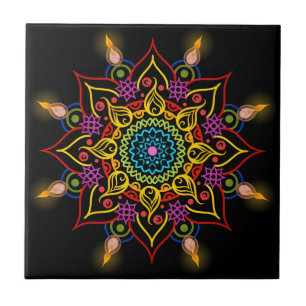 Diwali blomma Rangoli med olje- lampor Kakelplatta