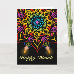 Diwali blomma Rangoli med olje- lampor Kort