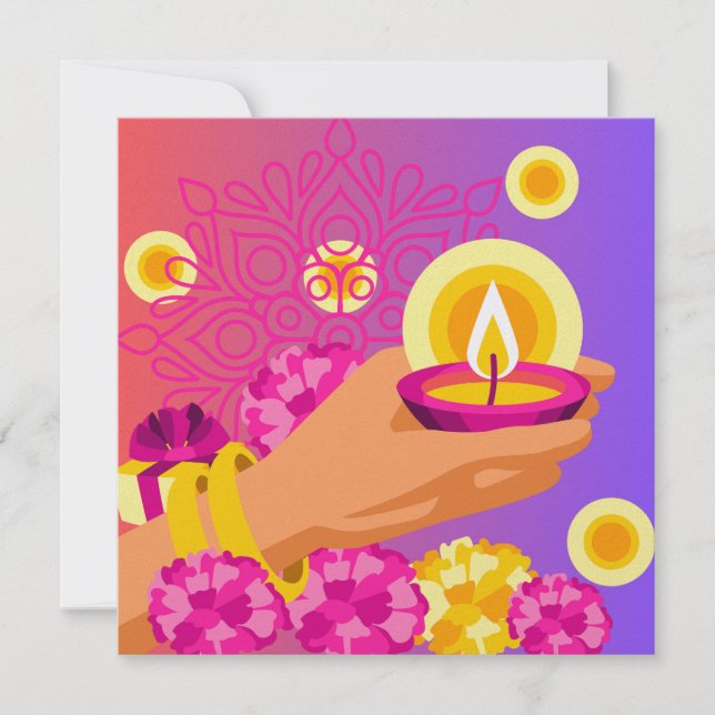 Diwali Card - färgstark Rosa och Lila Hand och Lan Julkort (Framsida)