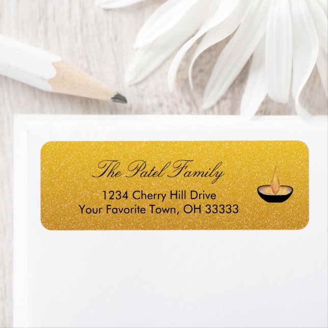 Diwali Diya flame Guld Glitter Returadress Returadress Etikett (Insitu)