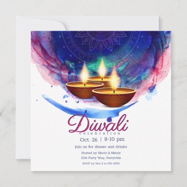 Diwali Diyas Blue Paint Tvättar Inbjudningar (Framsida)