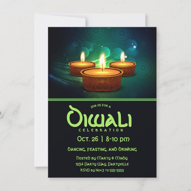 Diwali Diyas med Blue och Teal Inbjudningar (Framsida)