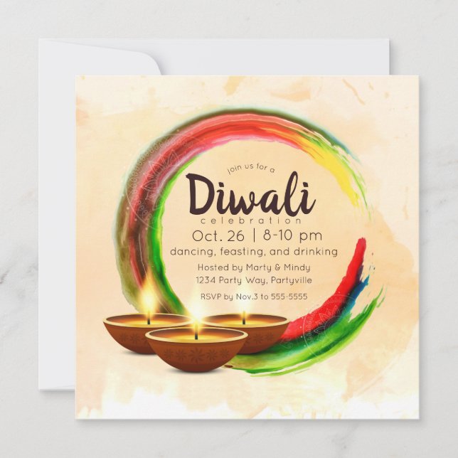 Diwali Diyas Watercolor Circle Inbjudningar (Framsida)