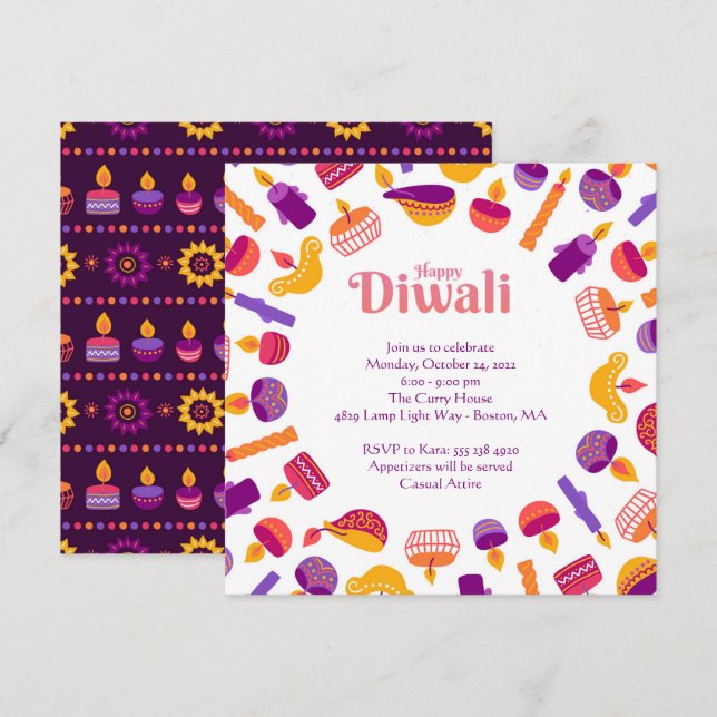 Diwali-festfirande inbjudan (Fram/baksida)