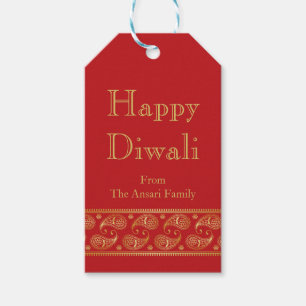 Diwali gåvamärkre i rött och guld- indiskt mön presentetikett