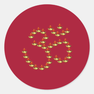Diwali Guld Deepa in Om Symbol Bright Burgundy Runt Klistermärke
