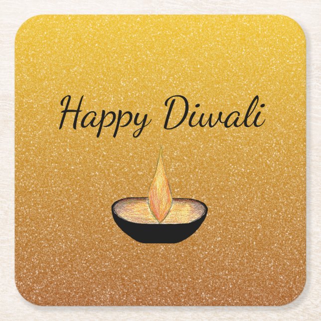 Diwali Guld Glitter Diya Flame Underlägg Papper Kvadrat (Framsidan)