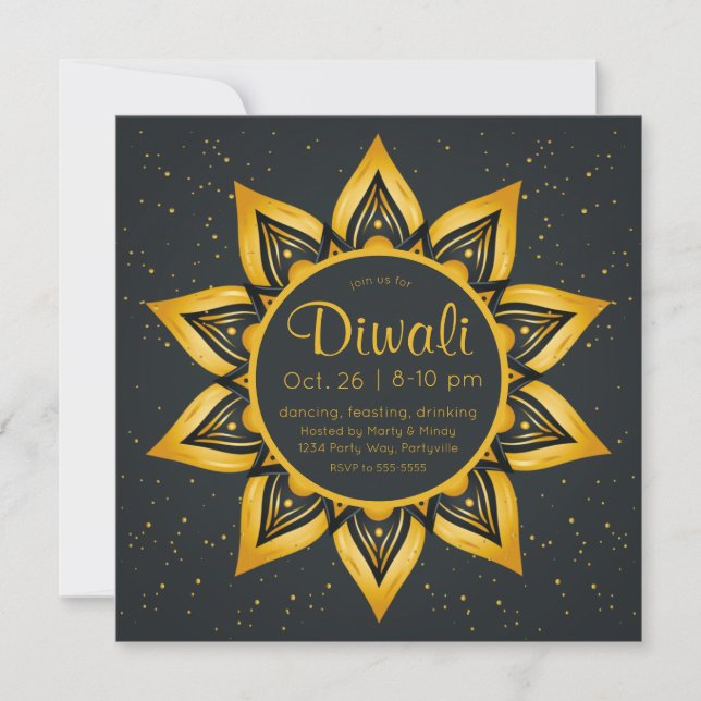 Diwali Guld och Black Diya Flames Inbjudningar (Framsida)