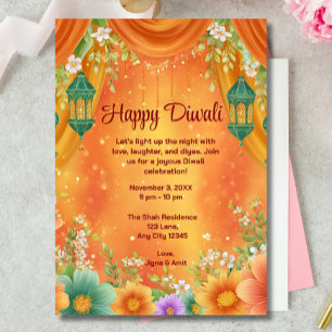 Diwali Gult Orange Ornate Diwali Firande Inbjudningar
