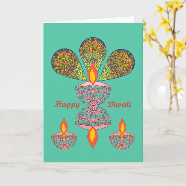 Diwali Hälsning - Lampor Kort (Gul blomma)