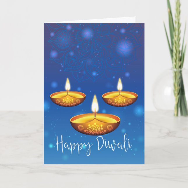 Diwali Hälsning med lyktor, blå bakgrund bokeh Kort (Framsida)