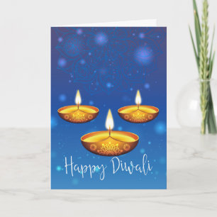 Diwali Hälsning med lyktor, blå bakgrund bokeh Kort