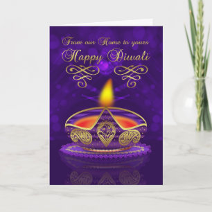 Diwali hälsningkort i guld och lilor med lampan kort
