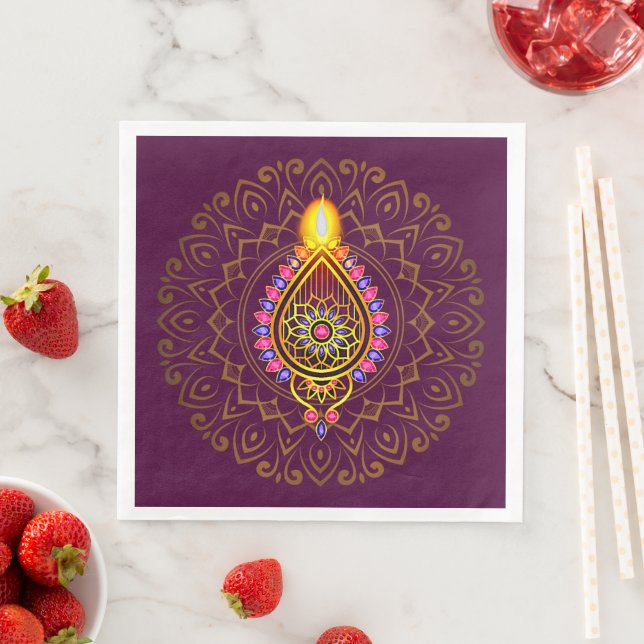 Diwali Jeweled Diya Candle Design Mandala Lila Pappersservett (Insitu)