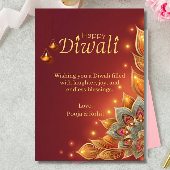 Diwali Julkort Rött Guld Blommig Lykta Inbjudningar (Skapare uppladdad)