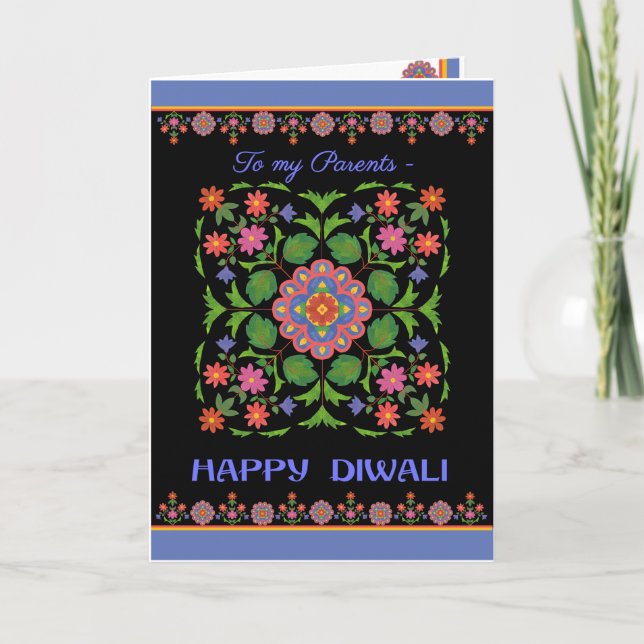 Diwali kort för föräldrar, Rangoli mönster, svart (Framsida)