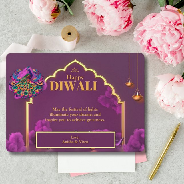 Diwali Lila Guld Peacock Lamp Hälsning Julkort (Skapare uppladdad)