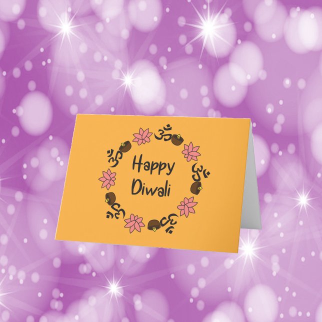 Diwali Lotus Flower Diya Candle Aum Orange Tack Kort (A greeting card that says Happy Diwali surrouned by diya candles, lotus flowers and aum symbols)