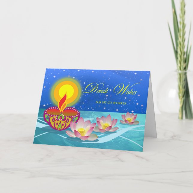 Diwali Önskemål för medarbetare, Diya och Lotus Kort (Framsida)