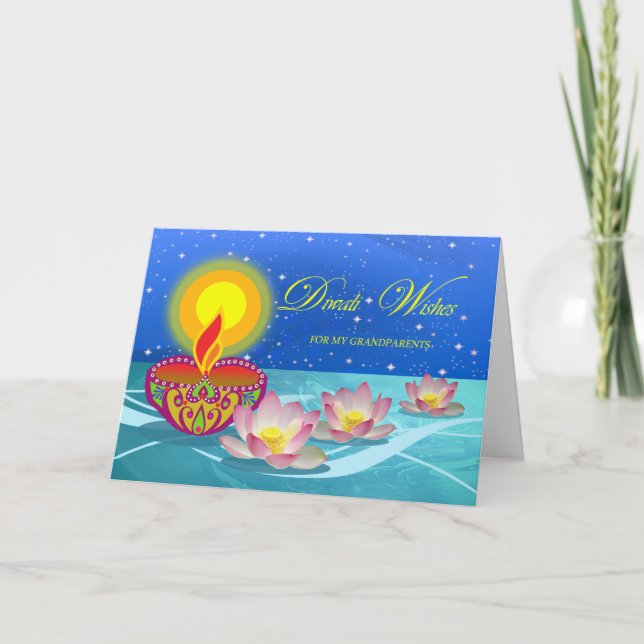 Diwali Önskemål för morföräldrar, Diya och Lotus Kort (Framsida)